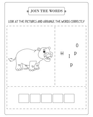 Su aygırı çocuklar için kelime bulmacası. Eğitici ve ilgi çekici anaokulu aktiviteleri.