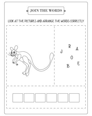 Çocuklar için kanguru resimli bir yapboz içeren eğitici çalışma tablosu. Yazım ve sözcük dağarcığını geliştir.