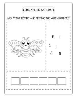 Uğurböceği resmi ve mektup bulmacası içeren çocuk çalışma kâğıtları. Anaokulu eğitimi için mükemmel..