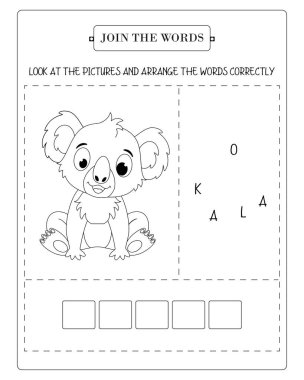 Anaokulu öğrencileri için koala temalı çalışma tablosu hazırlanıyor. Kelimeleri resimlerle eşleştirme alıştırması yap.