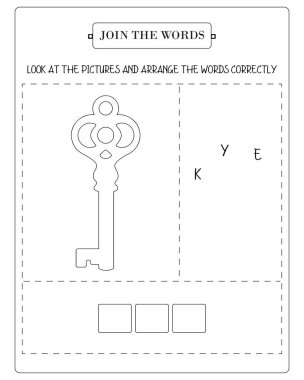 Harf ve sözcük öğrenen çocuklar için okul öncesi anahtar eşleştirme oyun çalışma tablosu.