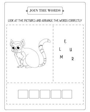 Çocuklar bir lemur içeren faaliyet listesi öğreniyorlar. Eğitici ve eğlenceli kelime bulmacası.