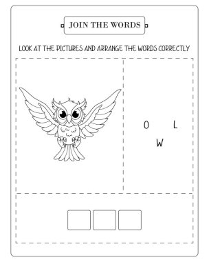 Okuryazarlık becerilerini geliştirmek için baykuş resmi bulmacası içeren eğlenceli eğitim belgesi.