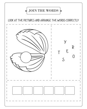 Kabuğunda inci olan bir çalışma kâğıdı ve kelimeyi hecelemek için karışık harfler..