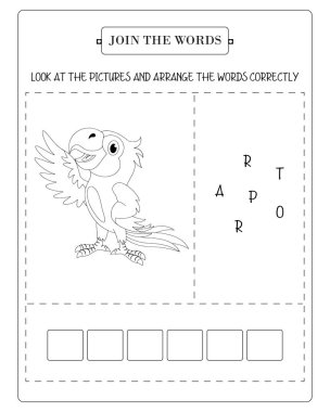 Çalışma kağıdında papağan resmi var. Çocukların papağan kelimesini hecelemesi için karışık harfler var..