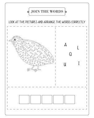 Bıldırcın illüstrasyonu ve bıldırcın kelimesini hecelemek için harf düzenlemesi içeren çocuklar için çalışma tablosu..