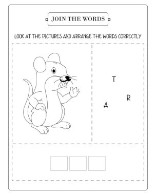 Çizgi film faresi ve T, A ve R harflerini kullanarak karmaşık aktiviteler yapan çocuklar için çalışma tablosu..