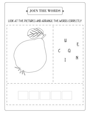 Çalışma kağıdında, çocuklar için eğlenceli bir kelime bulmacası olan karıştırılmış harflerle karışık bir illüstrasyon yer alıyor..