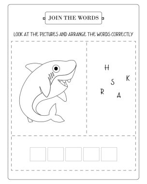 Çocuklar için köpekbalığı kelime bulmacası. Okul öncesi öğrenme etkinliği.