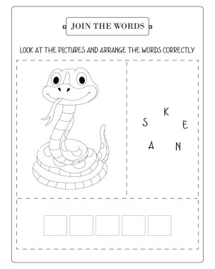 Yılan ve çözmesi gereken kelime bulmacası olan çocuklar için faaliyet listesi.