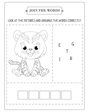 Çalışma tablosunda çocuklar için yazım ve kelime becerileri için tasarlanmış şirin bir kaplan illüstrasyonu ve kelime karıştırma etkinliği yer alıyor..