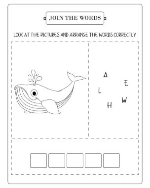 Çocuklar için çalışma tablosu, balina resimli ve harfli 