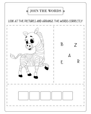 Zebra ve kelime oyunu yapan çocukların kelime dağarcığını öğrenmek için yaptıkları çalışmalar..