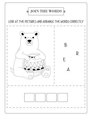 Çocuklar için çalışma çizelgesi, elinde bal küpü olan bir ayı, 'ayı' yı yeniden düzenlemek için harfler..