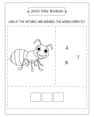 Çalışma kağıdında A, N ve T harfleriyle bir karınca illüstrasyonu var..