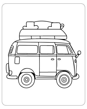 Retro VW otobüs, seyahat minibüsü, boyama kitabı illüstrasyonu. Çocuklar ve yetişkinler için mükemmel..