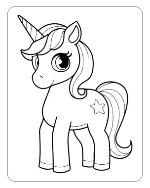 Tatlı tek boynuzlu at boyama sayfası çocuklar için mükemmel. Rengi kolay, büyülü tasarım.