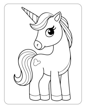 Çocuklar için şirin tek boynuzlu at boyama sayfası. Çocuk kitapları için mükemmel..