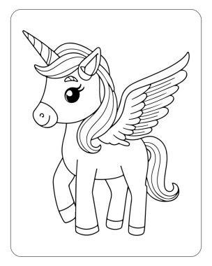 Kanat boyama sayfası dizaynı çocuk aktiviteleri için mükemmel olan şirin tek boynuzlu at..