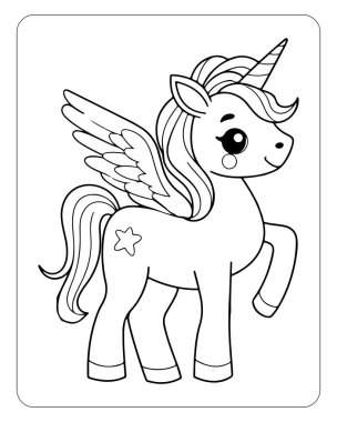 Tatlı kanatlı tek boynuzlu at boyama sayfası çocuk kitapları ya da aktiviteleri için mükemmel..