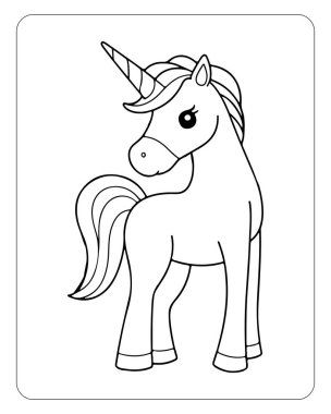 Tatlı tek boynuzlu at çizimi çocuk kitapları boyamak için mükemmel. Yazdırılabilir satır sanatı.