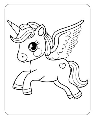 Renklendirmeye hazır kanatlı şirin tek boynuzlu at. Çocuk aktiviteleri için mükemmel..