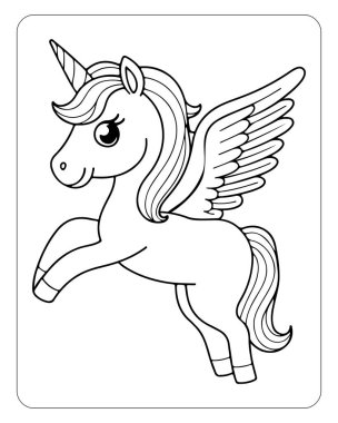 Kanat boyama sayfası olan şirin tek boynuzlu at. Çocuk kitapları ve yaratıcı projeler için ideal..