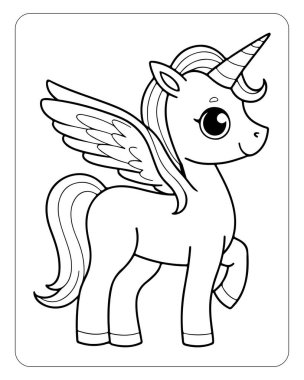 Kanat boyama kitabı çizimi olan şirin tek boynuzlu at.