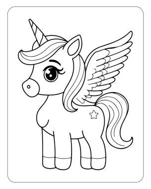 Şirin kanatlı tek boynuzlu at boyama kitabı sayfası çocuklar için mükemmel. Basit çizgiler, renklendirmesi kolay.