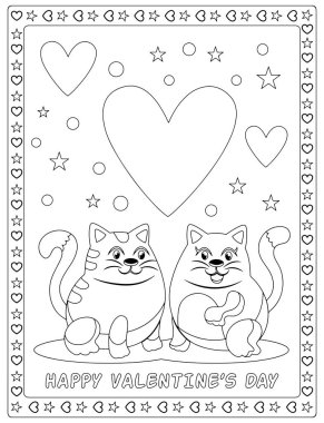 Şirin kediler, kalpler, yıldızlar, çocuklar için sevgililer günü boyama sayfası. Eğlenceli yazdırılabilir etkinlik.