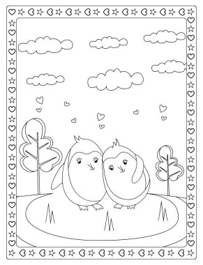 Sevimli penguen çifti, kalpler, bulutlar, ağaçlar, yıldızlar sınırı. Mükemmel renklendirme sayfası