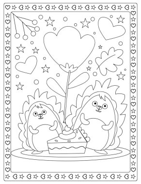 Şirin kirpiler Sevgililer Günü 'nü pasta ve kalplerle kutluyor. Çocuklar için eğlenceli boyama sayfası.