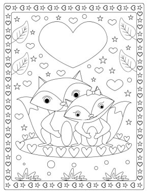 Sevimli tilki ailesi Sevgililer Günü renklendirme çarşafında kalpler, yıldızlar ve yapraklar var..