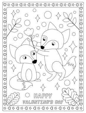 Tatlı tilki çifti bir çiçeği paylaşıyor Sevgililer Günü 'nüz kutlu olsun boyama çarşafları çocuklar aktivitesi