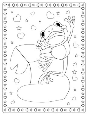 Şirin kurbağa boyama çarşafları kalpler, yıldızlar, çocuklar için mükemmel sevgililer günü el sanatları içerir..