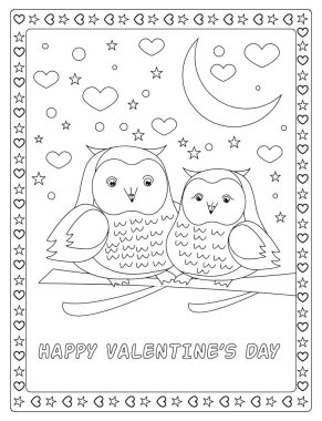 Sevimli baykuşlar, kalpler, yıldızlar, ay Sevgililer Günü renklendirme sayfası basılabilir
