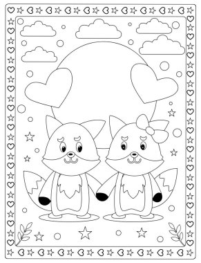 Tatlı tilkiler el ele tutuşuyor. Çocuklar için romantik sevgililer günü boyama çarşafı..