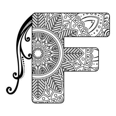 Dekoratif F harfi mandala tasarımı boyama kitapları, yetişkin boyama sayfaları veya yaratıcı projeler için mükemmeldir..