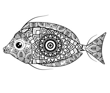 Çarpıcı siyah beyaz mandala balığı sanat eserleri boyama kitapları, resim baskıları ve ev dekorasyonu için mükemmeldir..