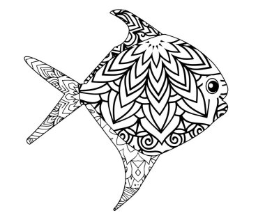 Karmaşık mandala balık çizimi boyama kitapları, yetişkin boyama sayfaları veya yaratıcı projeler için mükemmeldir..
