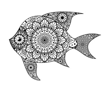 Çarpıcı siyah beyaz balık mandala sanatı boyama sayfaları için mükemmeldir..