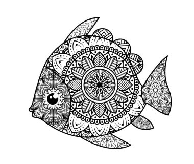 Ayrıntılı mandala balığı çizimi boyama kitapları ya da resim baskıları için mükemmel. Zentangle tarzı.