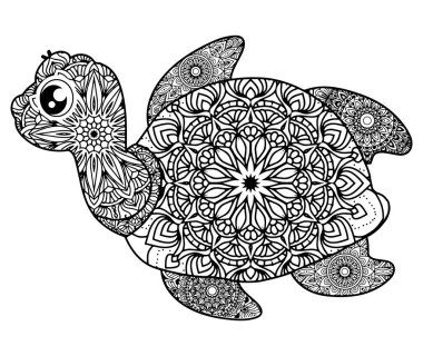 Karmaşık mandala desenli şirin kaplumbağa çizimi boyama için ideal. İndir şimdi.