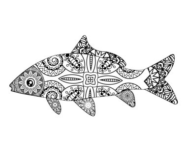 Ayrıntılı siyah-beyaz balık çizimi boyama kitapları, baskılar veya tasarım için mükemmeldir..