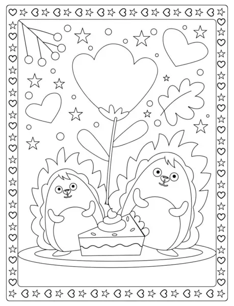 Şirin kirpiler Sevgililer Günü 'nü pasta ve kalplerle kutluyor. Çocuklar için eğlenceli boyama sayfası.