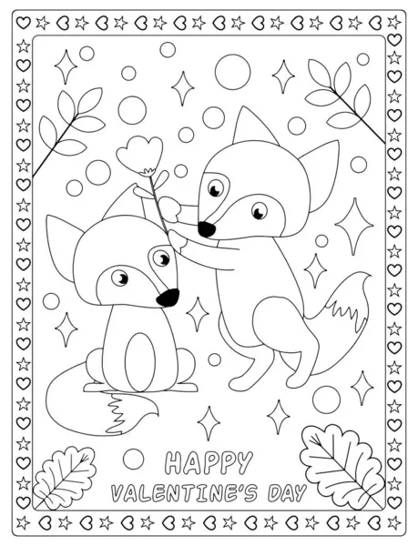 Tatlı tilki çifti bir çiçeği paylaşıyor Sevgililer Günü 'nüz kutlu olsun boyama çarşafları çocuklar aktivitesi