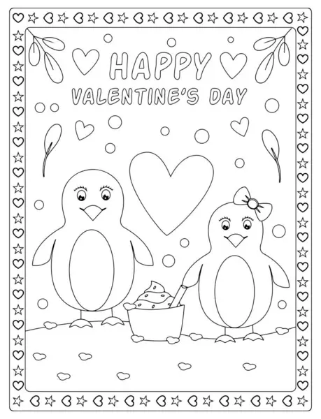 Sevgililer Günü 'nü kutlayan sevimli penguen çifti. Çocuklar için eğlenceli renklendirme sayfası.