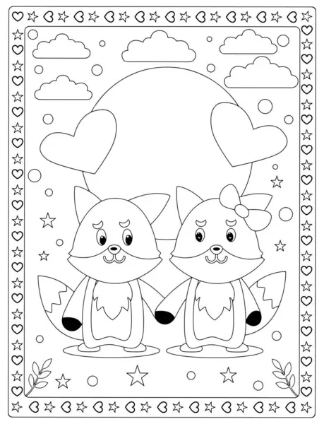 Tatlı tilkiler el ele tutuşuyor. Çocuklar için romantik sevgililer günü boyama çarşafı..