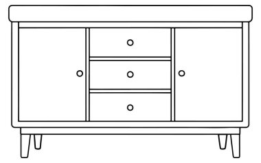 Düzenli oturma odası ve temiz dekor için mükemmel depoları olan çekmece çizimleriyle depolama tezgahı
