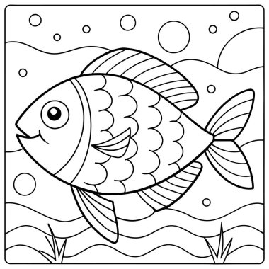 Eğlenceli balık boyama sayfası deniz temalı çocuk kitapları ve okyanus aktiviteleri çizimleri için harika.
